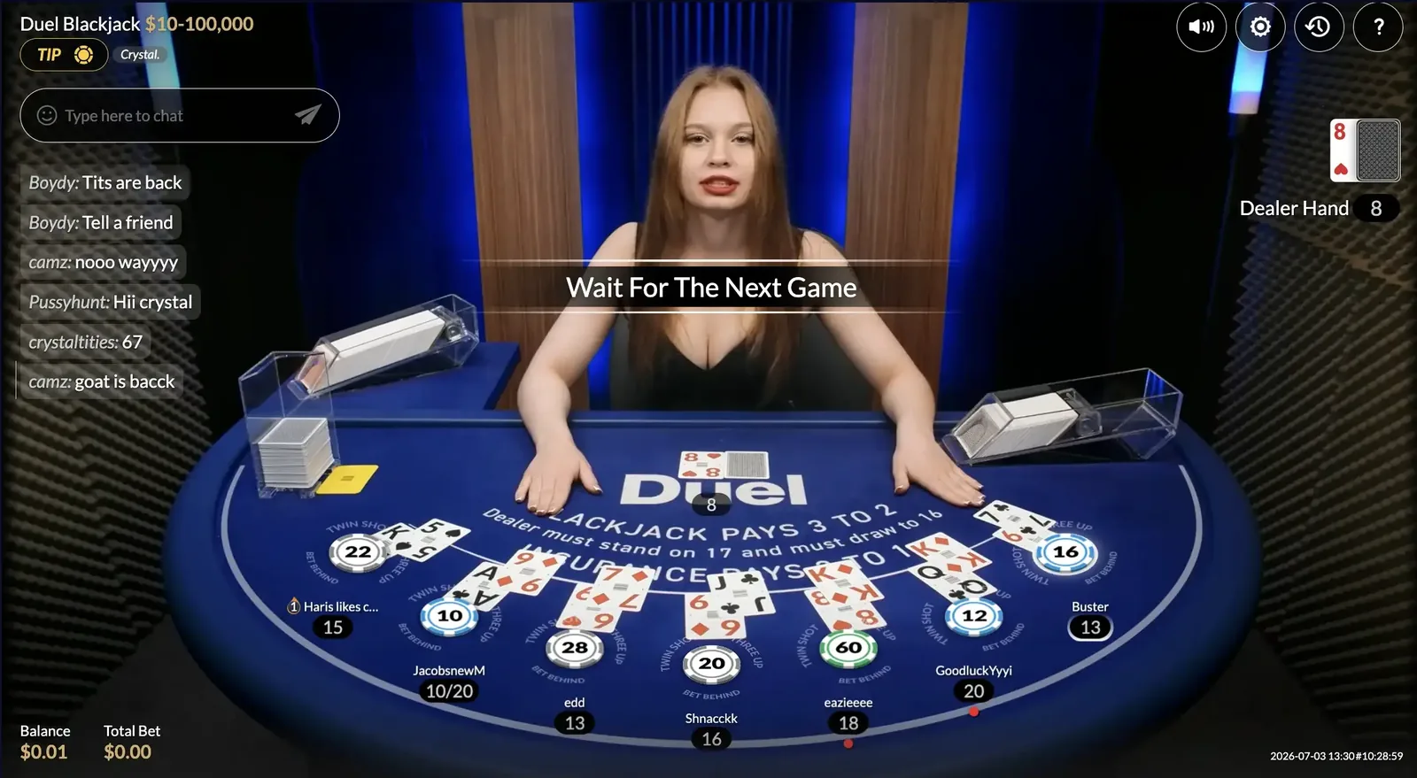 Duel Blackjack Live table on duel.com with a live dealer, a full seven-seat layout, the felt reading Blackjack Pays 3 to 2, a live chat feed and stakes from 10 to 100,000 dollars.