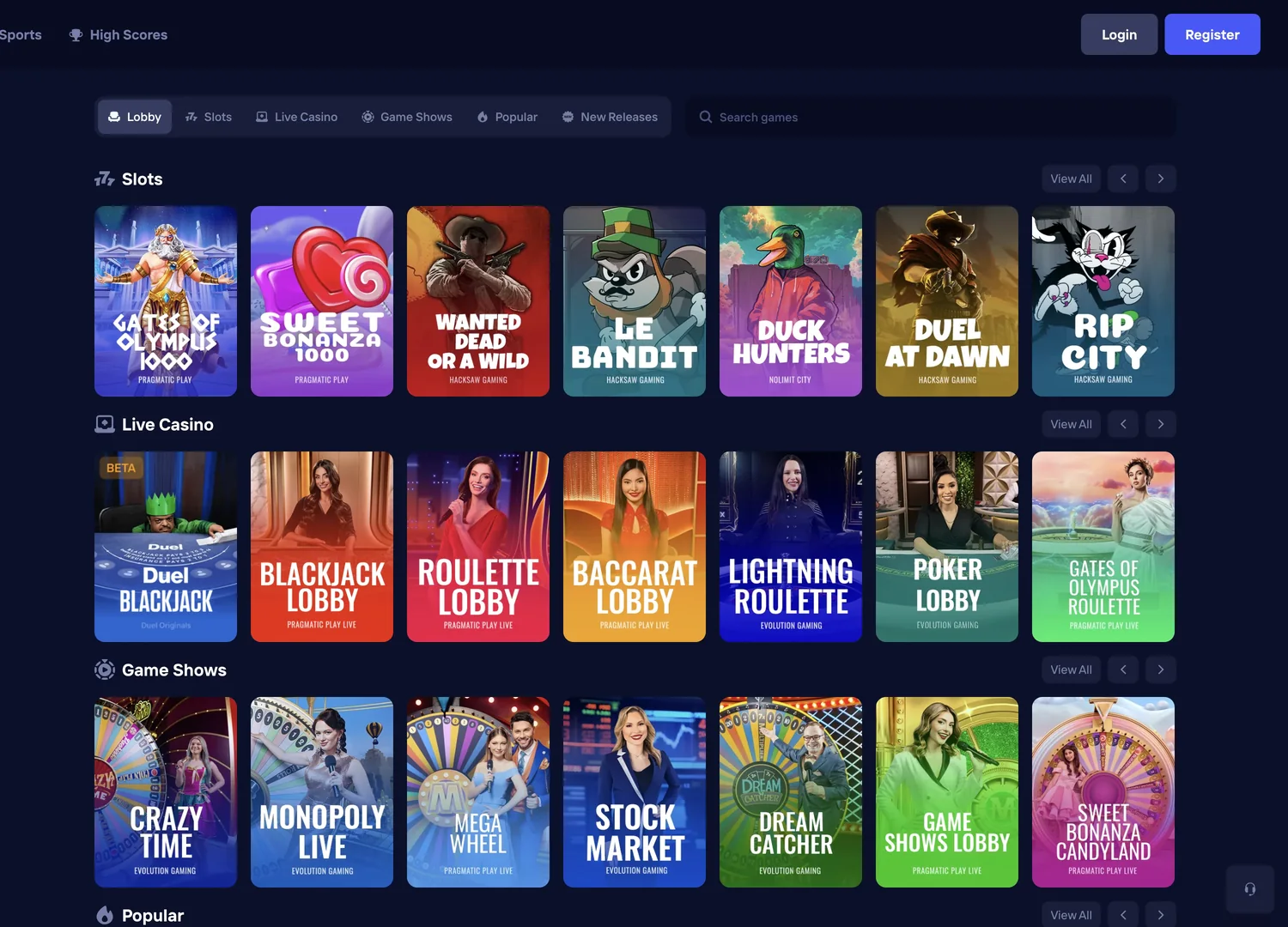 Duel Casino lobby showing Slots, Live Casino and Game Shows rows, with titles like Gates of Olympus 1000, Sweet Bonanza, Duel Blackjack, Crazy Time and Monopoly Live.