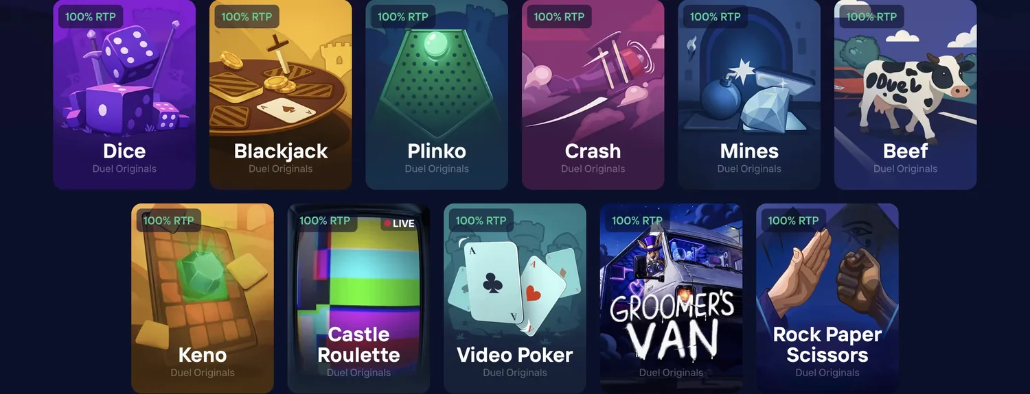 Duel Originals game cards on Duel.com, including Dice, Blackjack, Plinko, Crash, Mines, Beef, Keno, Castle Roulette, Video Poker and Rock Paper Scissors, each marked 100 percent RTP.