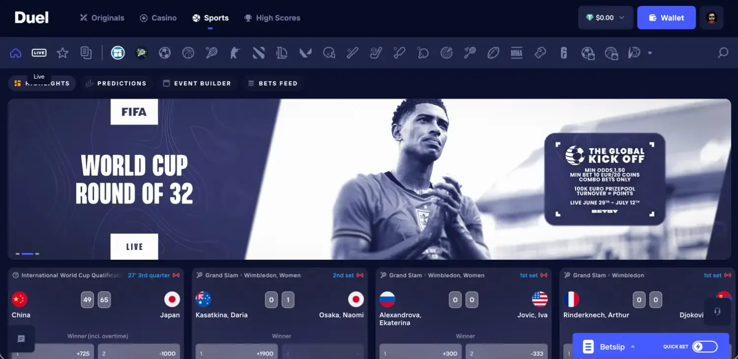 Duel Sports on duel.com featuring the World Cup Round of 32 promo and live football, tennis and e-sports markets with odds.