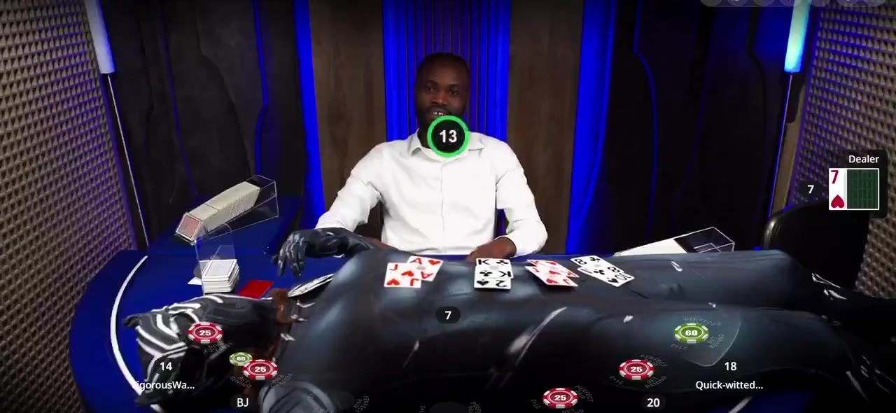 A guest in a catsuit on the felt of the Duel Blackjack Live table as the dealer keeps paying 3:2 blackjacks