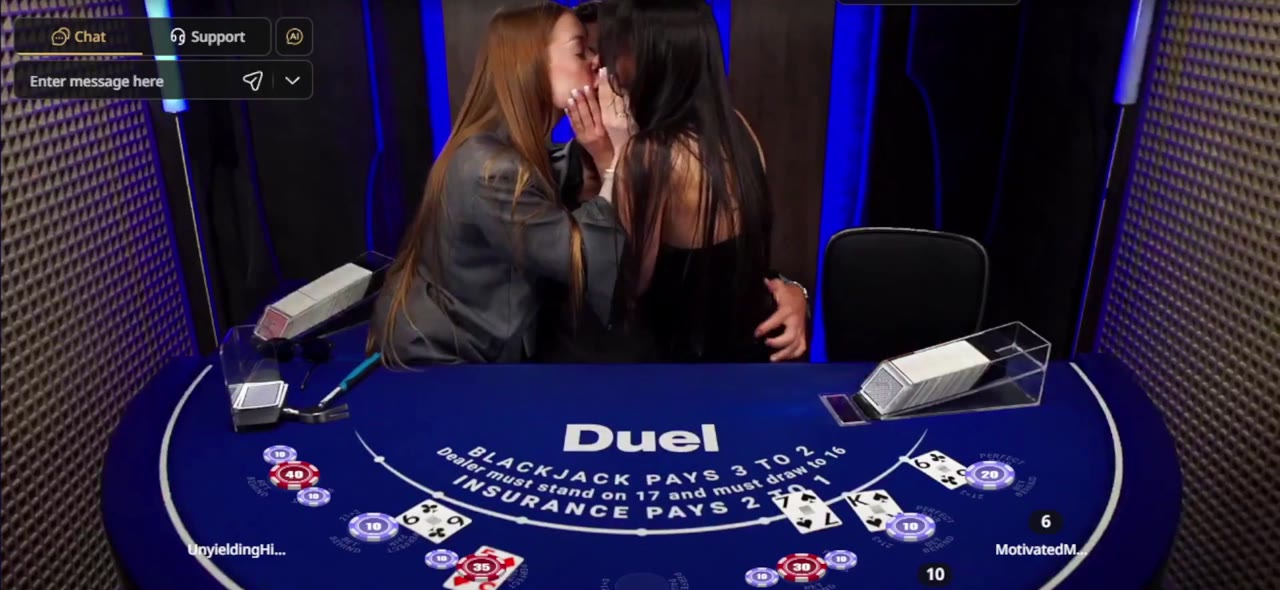 The Duel Blackjack Live crew of streamers and guests around the provably fair 3:2 table