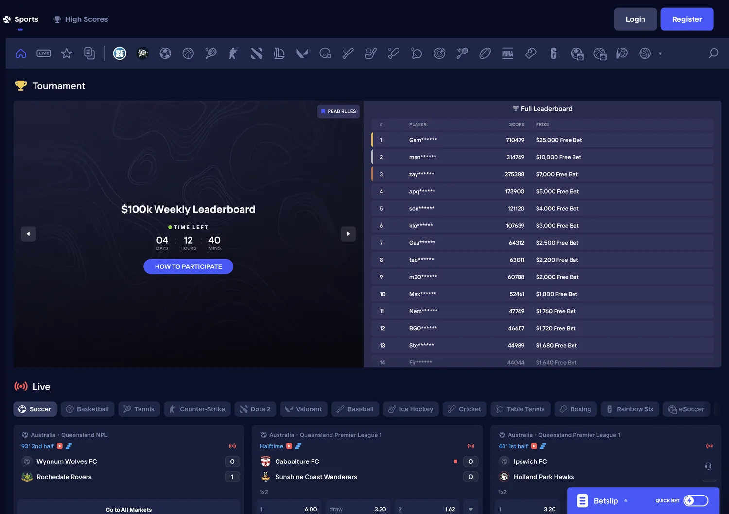 Duel Sportsbook $100k weekly leaderboard with live sport tabs including soccer, basketball, tennis, Counter-Strike and Dota 2.