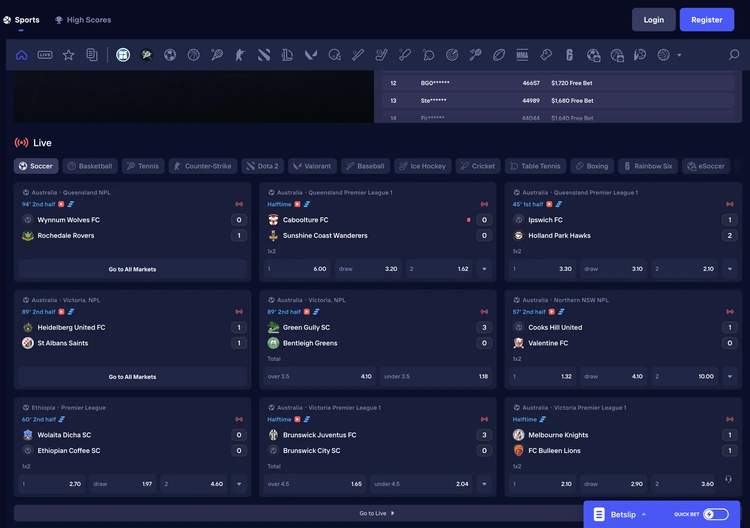 Duel Sportsbook live in-play page on duel.com showing a grid of live football matches with scores and 1X2, totals and handicap odds across leagues.