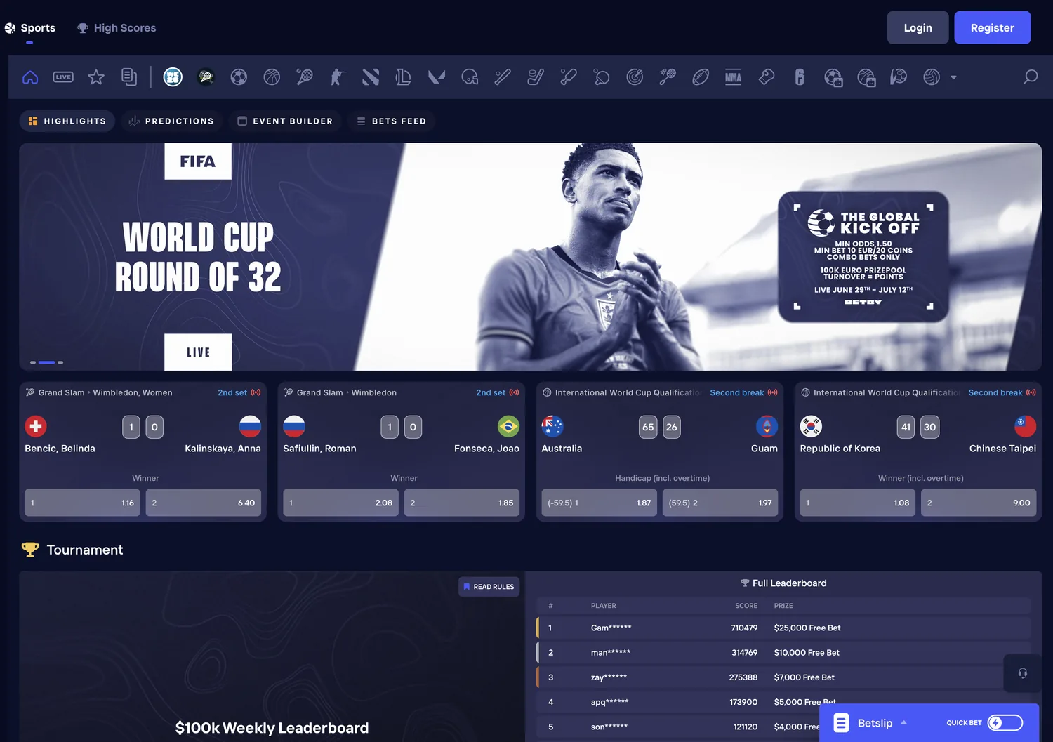 Duel Sportsbook lobby with a World Cup Round of 32 promo banner and featured tennis and football markets with live odds.